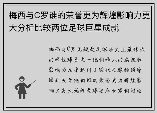 梅西与C罗谁的荣誉更为辉煌影响力更大分析比较两位足球巨星成就