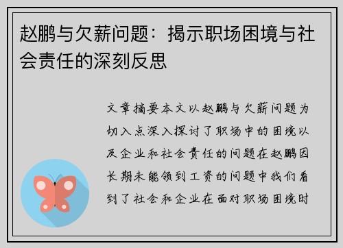 赵鹏与欠薪问题：揭示职场困境与社会责任的深刻反思